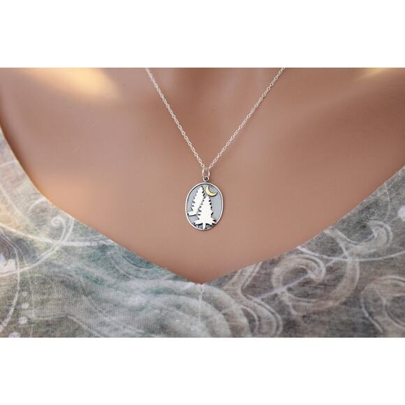 Sterling Silver Pine Tree Charm with Bronze Moon Necklace - Picture 5 of 5
